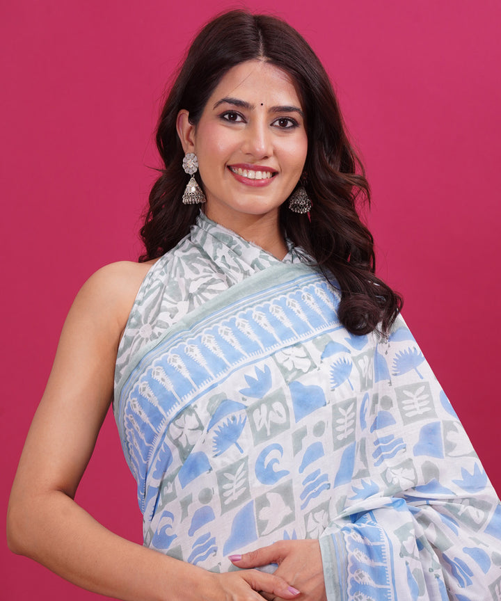 Sky blue white cotton hand block sanganeri printed saree