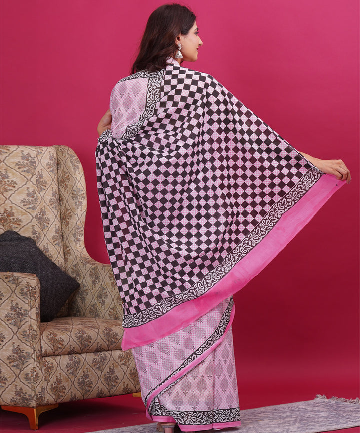 Pink black cotton hand block sanganeri printed saree