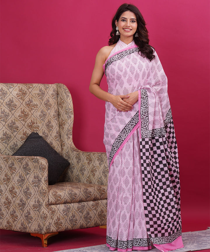 Pink black cotton hand block sanganeri printed saree