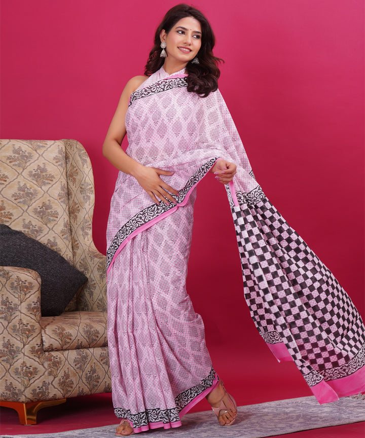 Pink black cotton hand block sanganeri printed saree