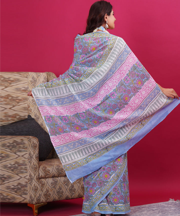 Sky blue pink cotton hand block sanganeri printed saree