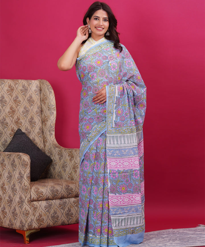 Sky blue pink cotton hand block sanganeri printed saree