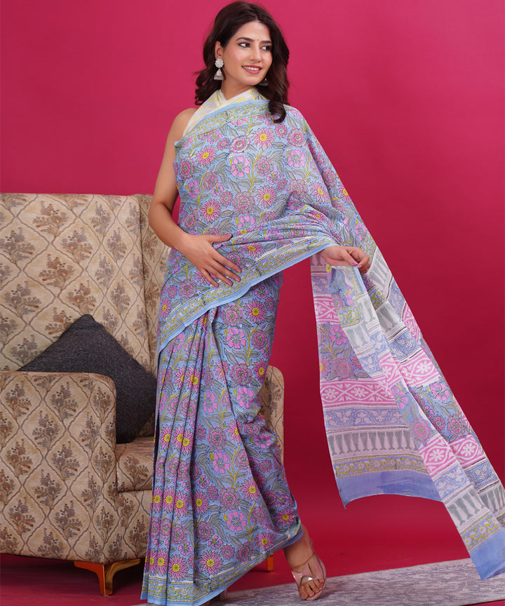 Sky blue pink cotton hand block sanganeri printed saree