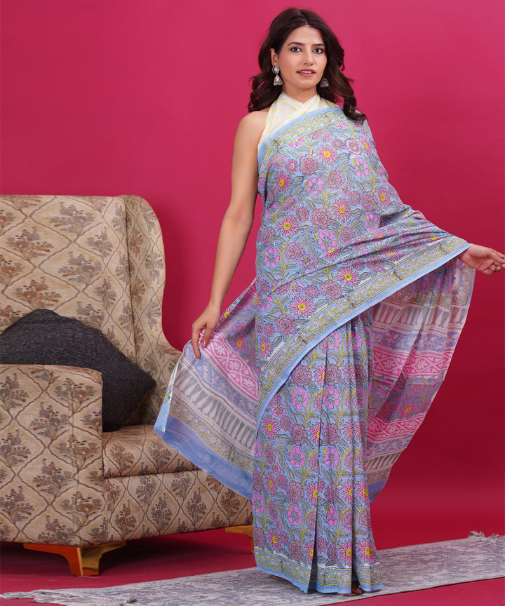 Sky blue pink cotton hand block sanganeri printed saree