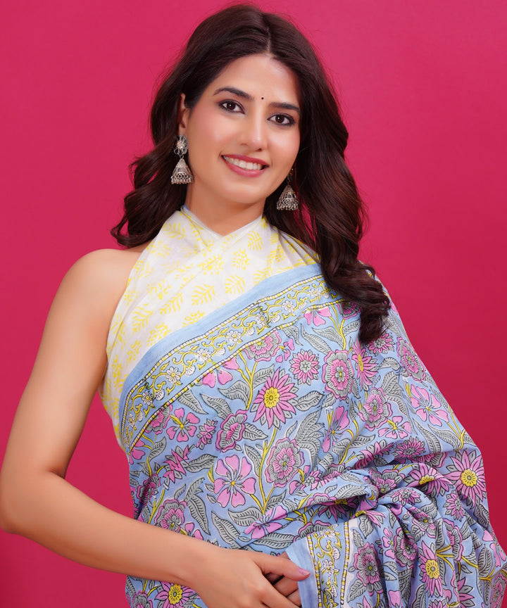 Sky blue pink cotton hand block sanganeri printed saree