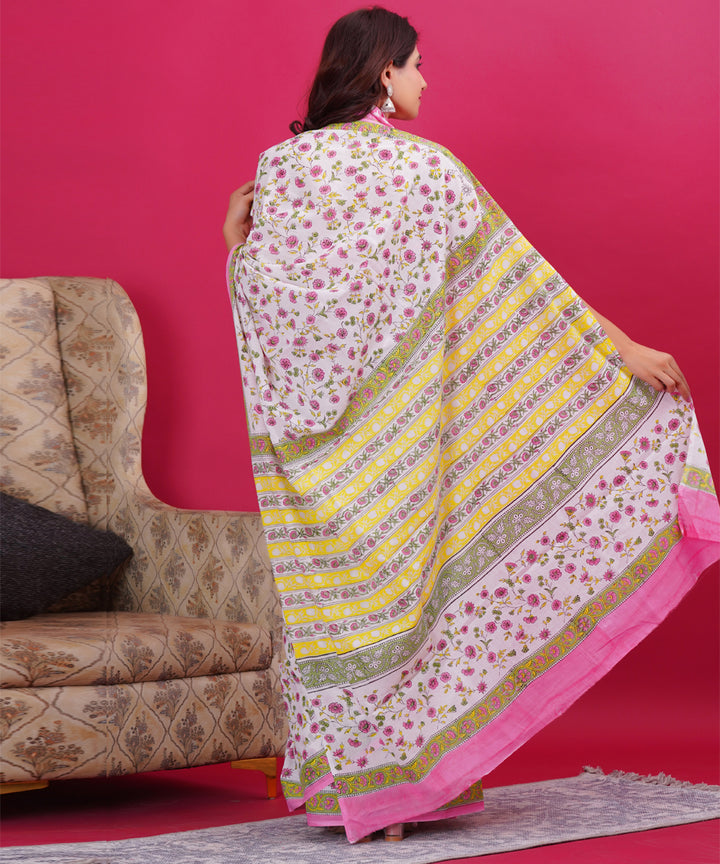 Peach white cotton hand block sanganeri printed saree