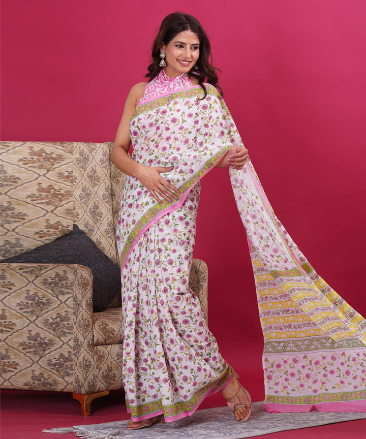 Peach white cotton hand block sanganeri printed saree