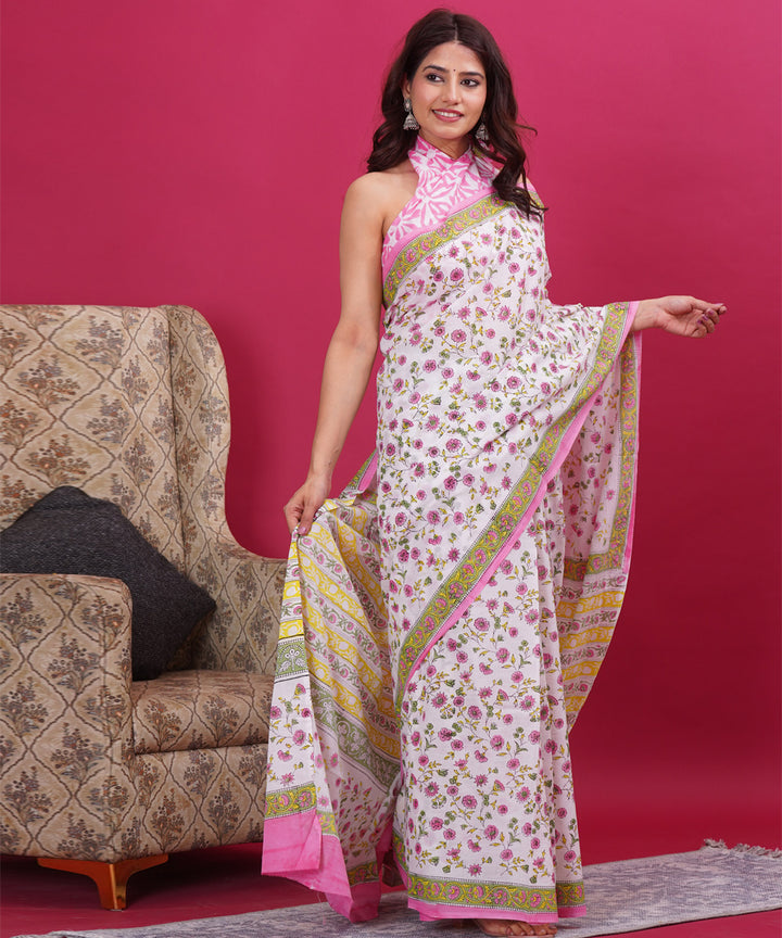 Peach white cotton hand block sanganeri printed saree