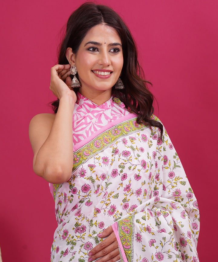 Peach white cotton hand block sanganeri printed saree