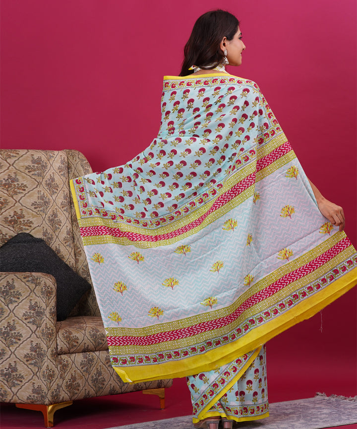 Sky blue red cotton hand block sanganeri printed saree
