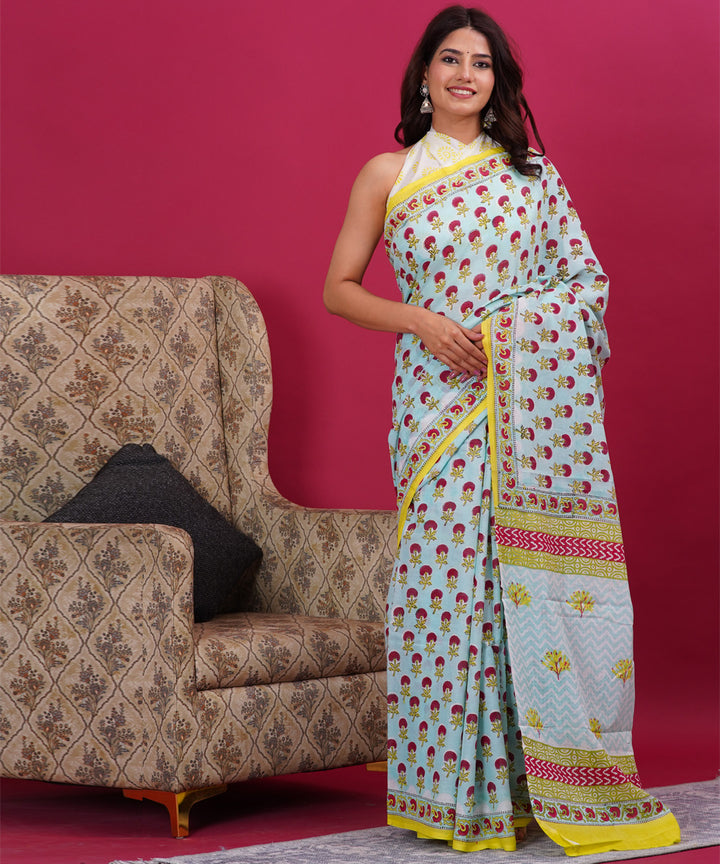 Sky blue red cotton hand block sanganeri printed saree