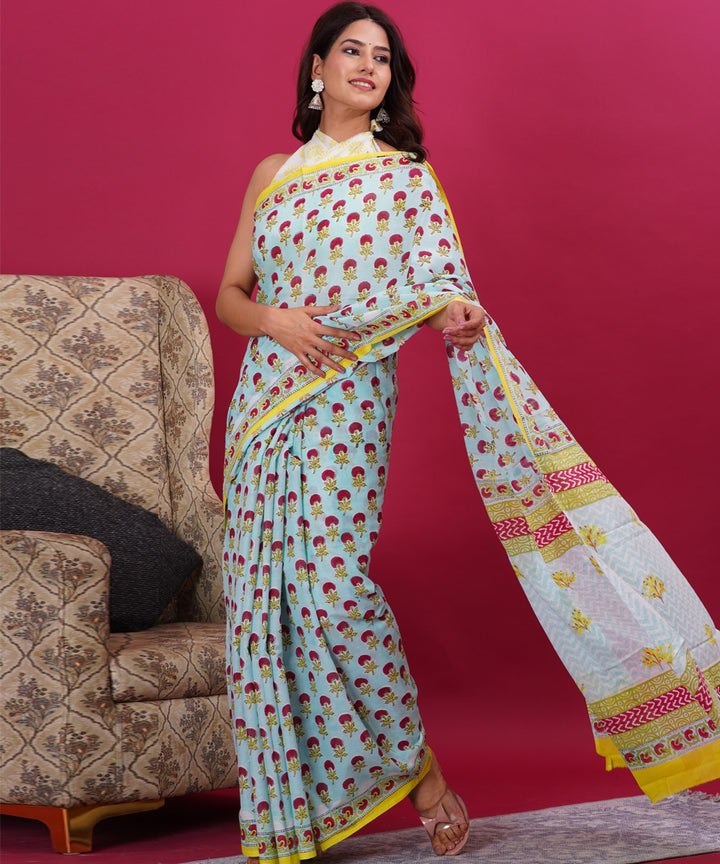 Sky blue red cotton hand block sanganeri printed saree