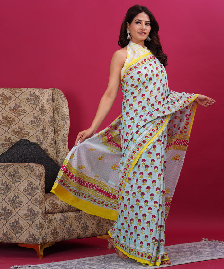Sky blue red cotton hand block sanganeri printed saree