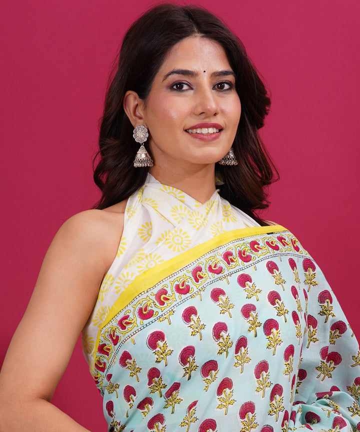 Sky blue red cotton hand block sanganeri printed saree