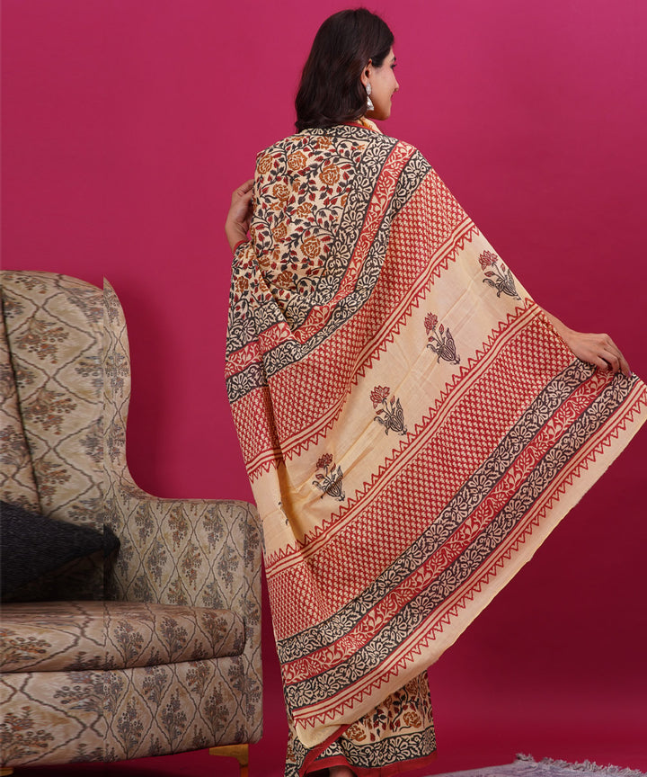Cream black floral hand block sanganeri printed cotton saree