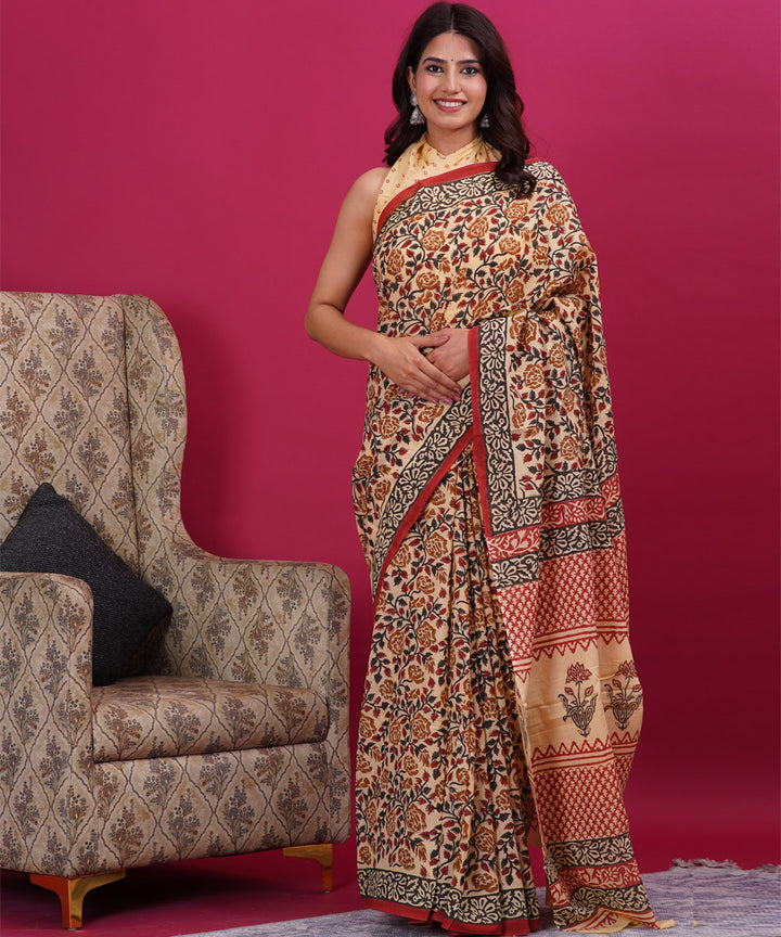 Cream black floral hand block sanganeri printed cotton saree