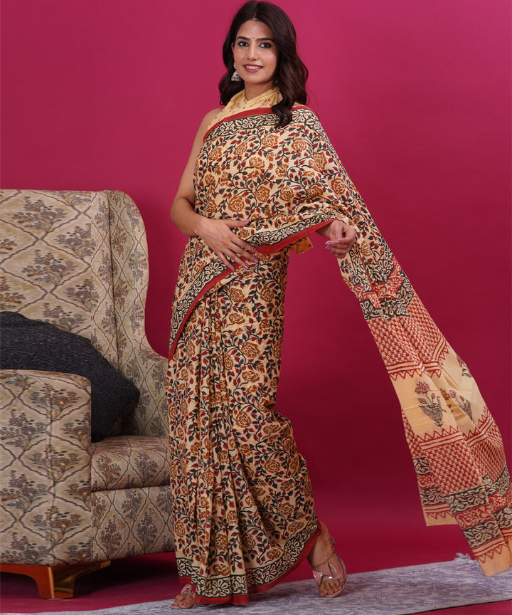 Cream black floral hand block sanganeri printed cotton saree