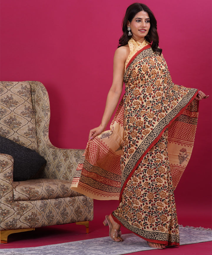 Cream black floral hand block sanganeri printed cotton saree
