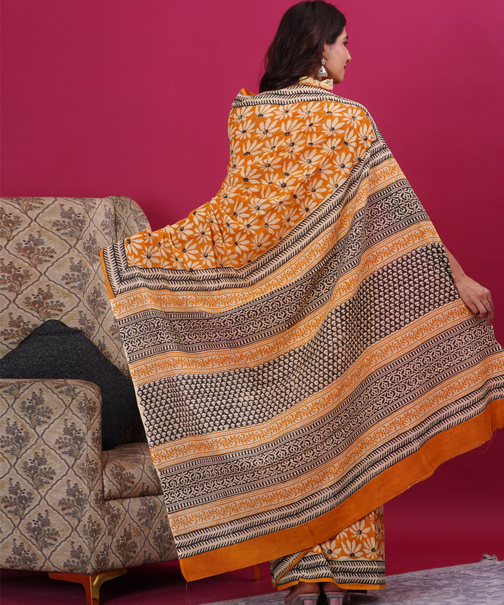 Orange grey cotton hand block sanganeri printed saree