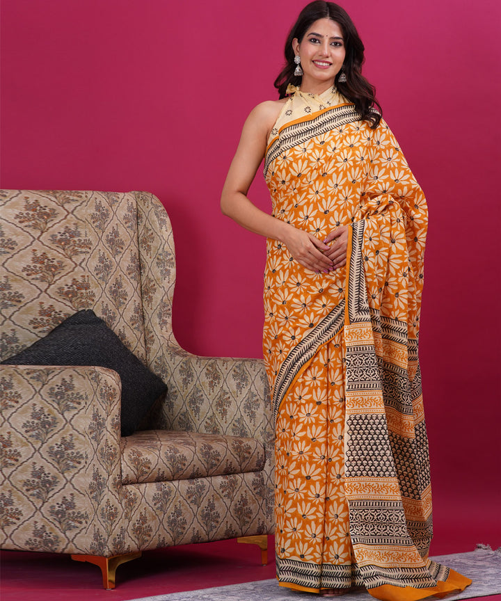 Orange grey cotton hand block sanganeri printed saree