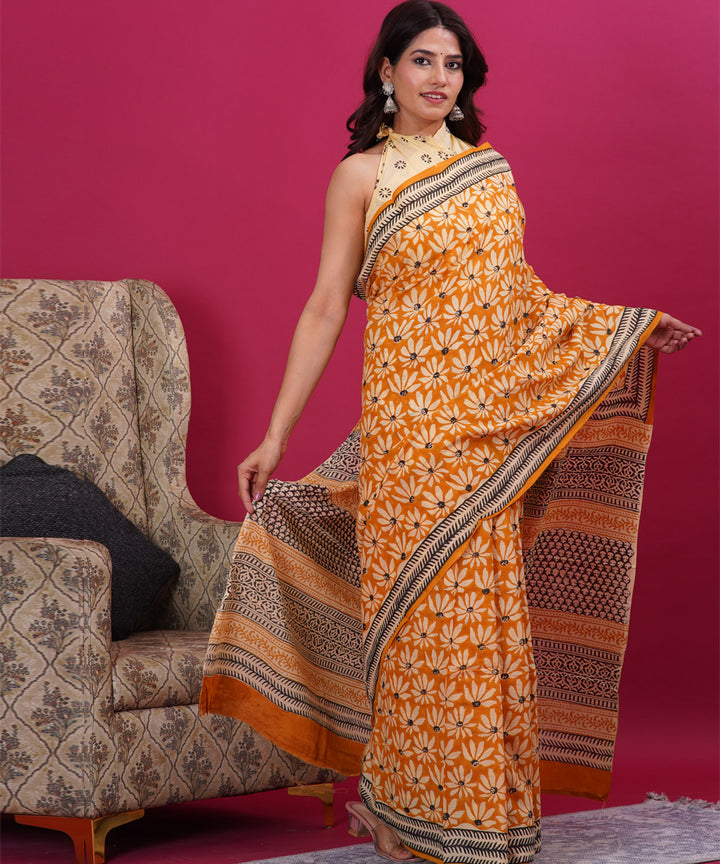 Orange grey cotton hand block sanganeri printed saree