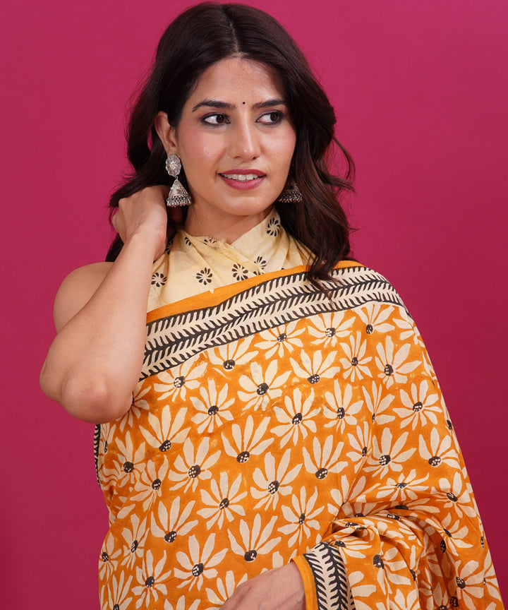 Orange grey cotton hand block sanganeri printed saree