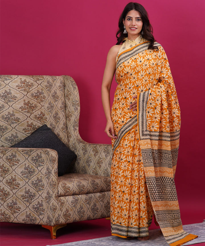 Orange grey cotton hand block sanganeri printed saree