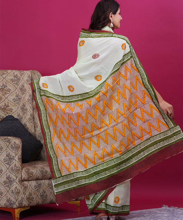 Light green orange cotton hand block sanganeri printed saree