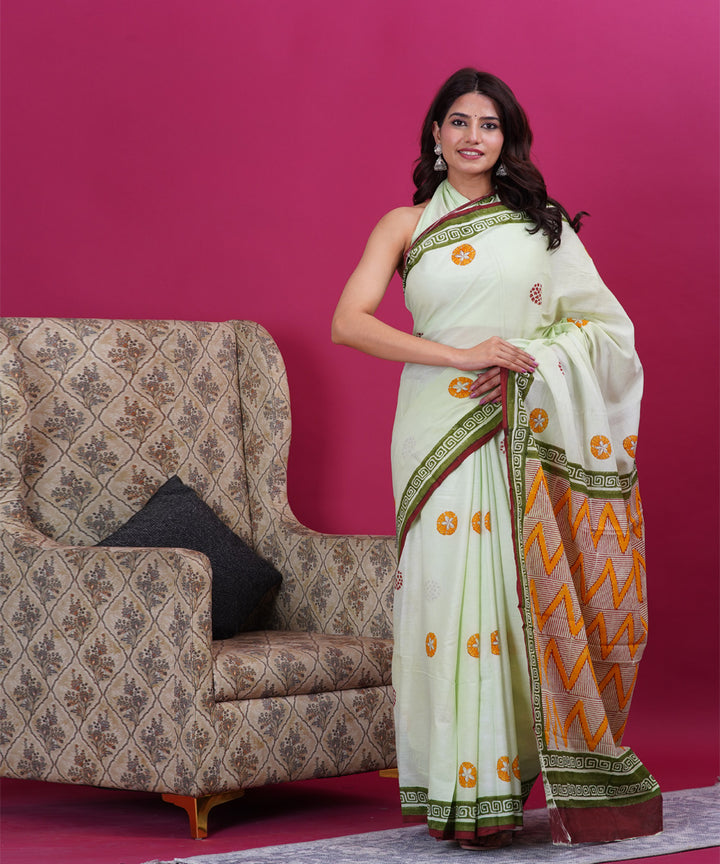 Light green orange cotton hand block sanganeri printed saree