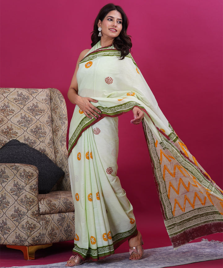 Light green orange cotton hand block sanganeri printed saree
