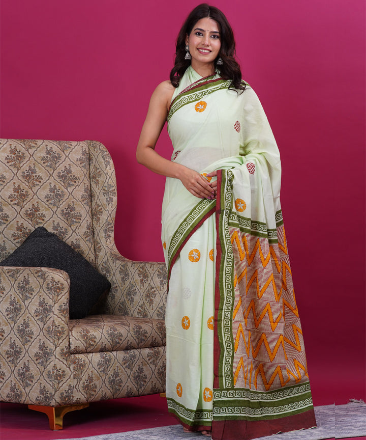 Light green orange cotton hand block sanganeri printed saree