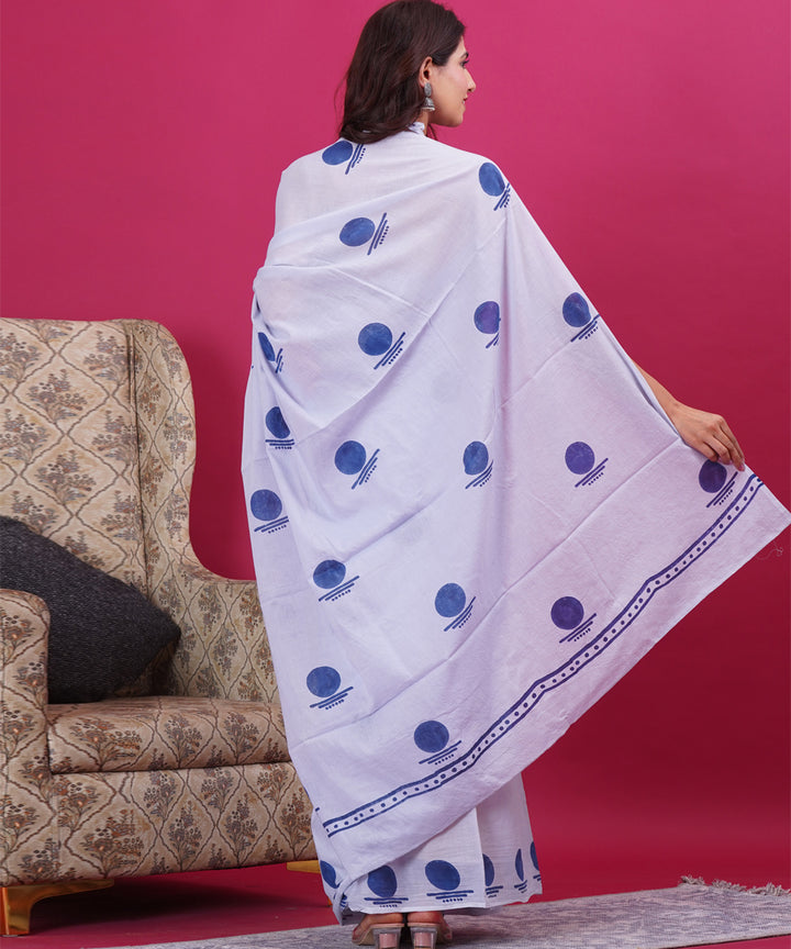 White navy blue cotton hand block sanganeri printed saree