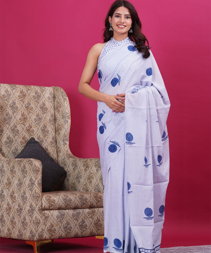 White navy blue cotton hand block sanganeri printed saree