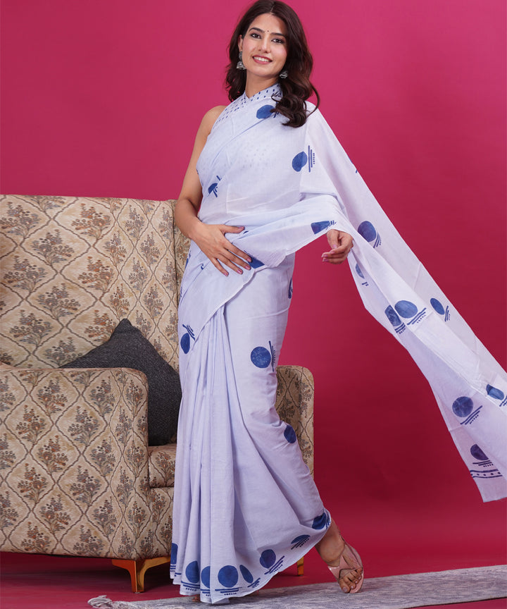 White navy blue cotton hand block sanganeri printed saree