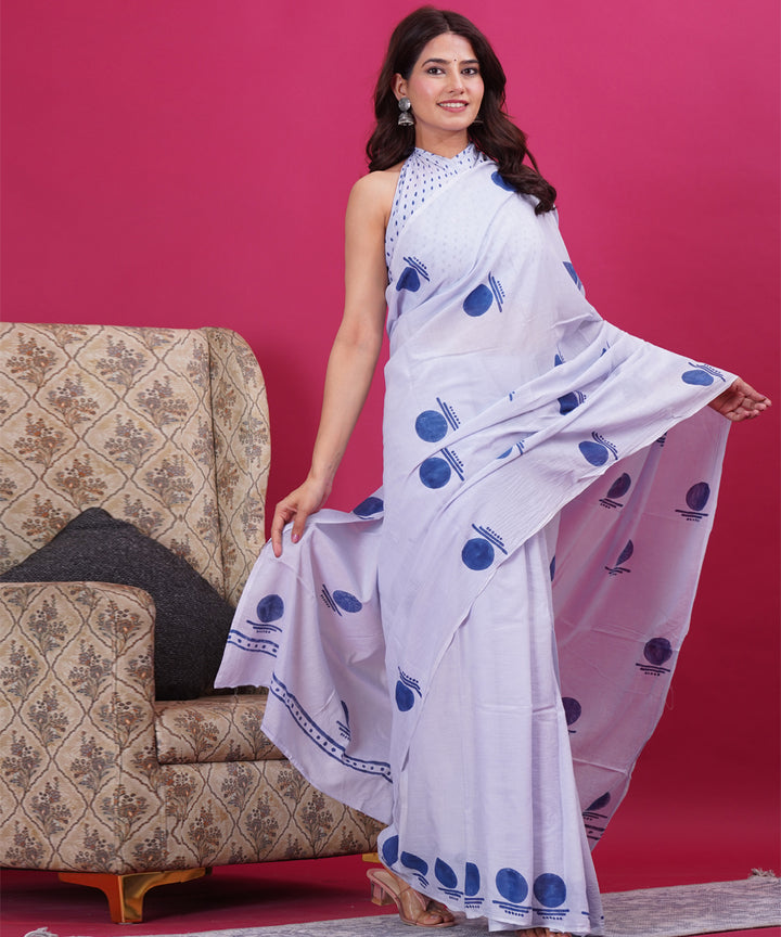 White navy blue cotton hand block sanganeri printed saree