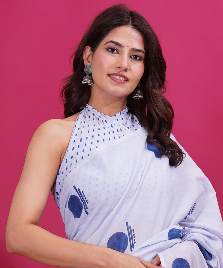 White navy blue cotton hand block sanganeri printed saree