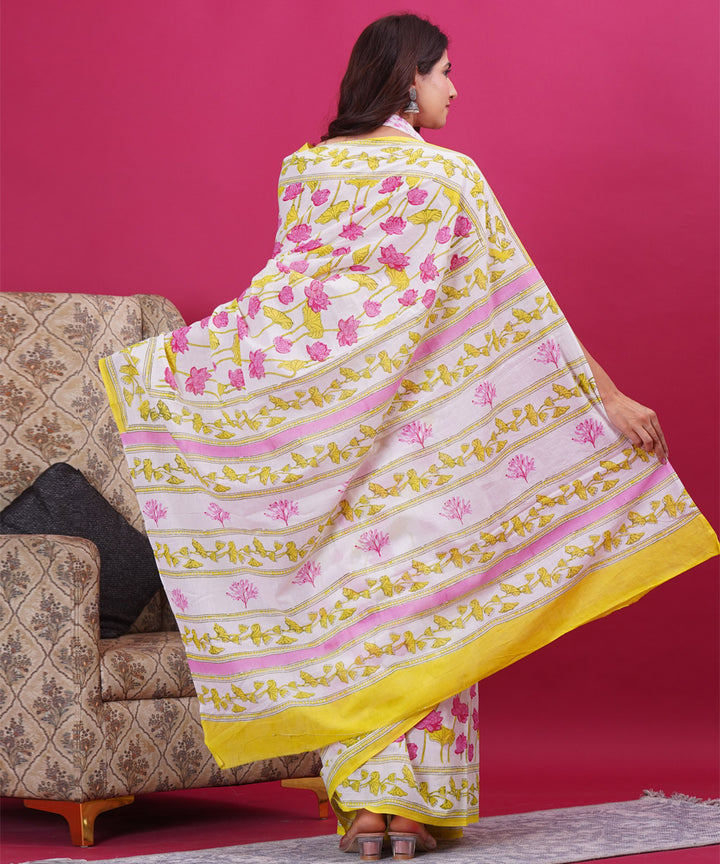 Pink yellow cotton hand block sanganeri printed saree