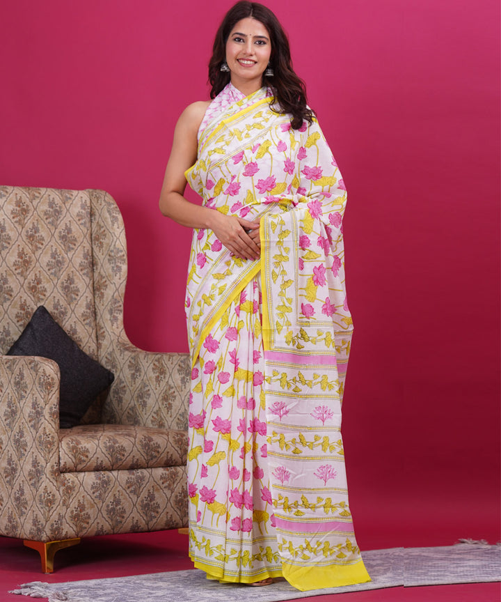 Pink yellow cotton hand block sanganeri printed saree