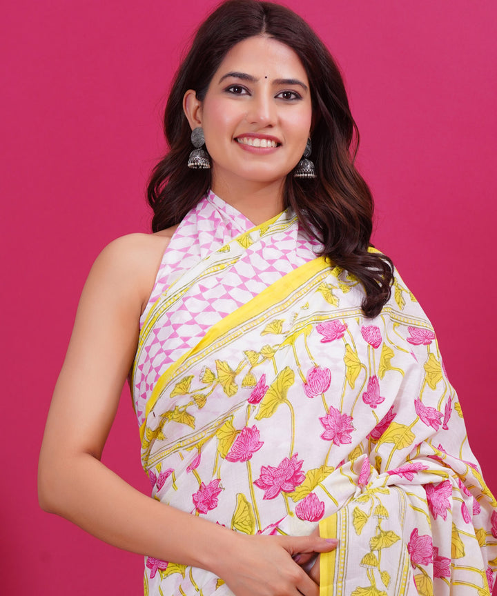 Pink yellow cotton hand block sanganeri printed saree