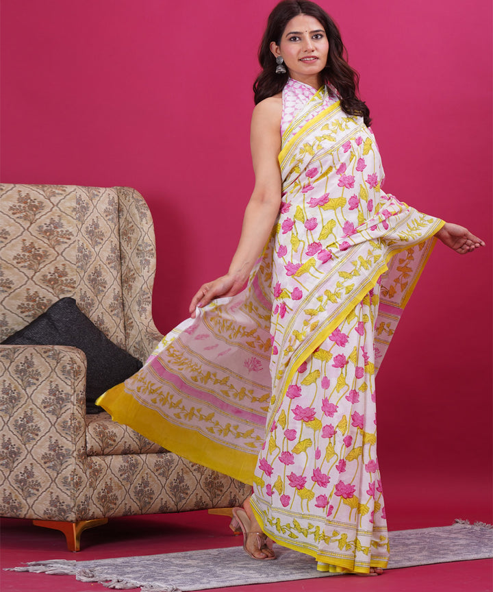 Pink yellow cotton hand block sanganeri printed saree