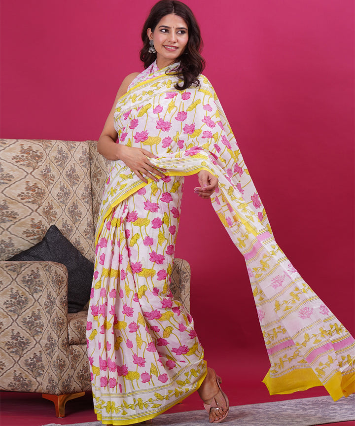 Pink yellow cotton hand block sanganeri printed saree