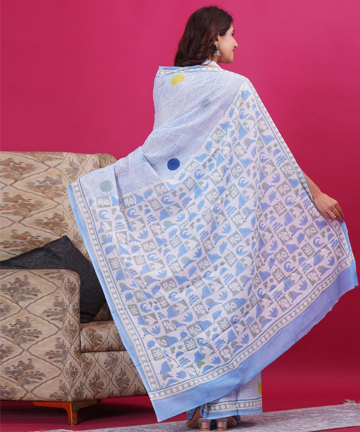 Sky blue multicolor cotton hand block sanganeri printed saree