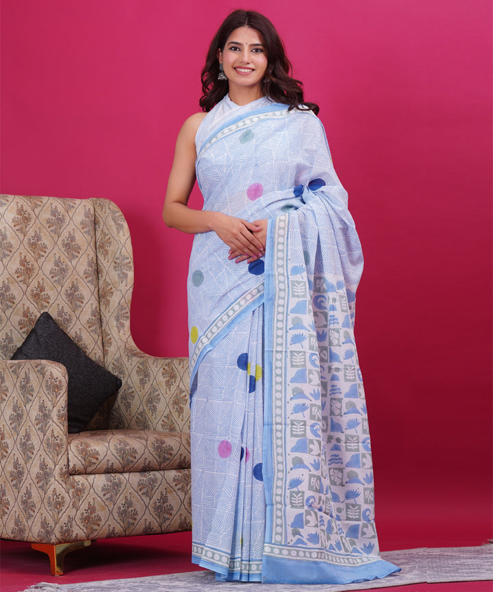 Sky blue multicolor cotton hand block sanganeri printed saree