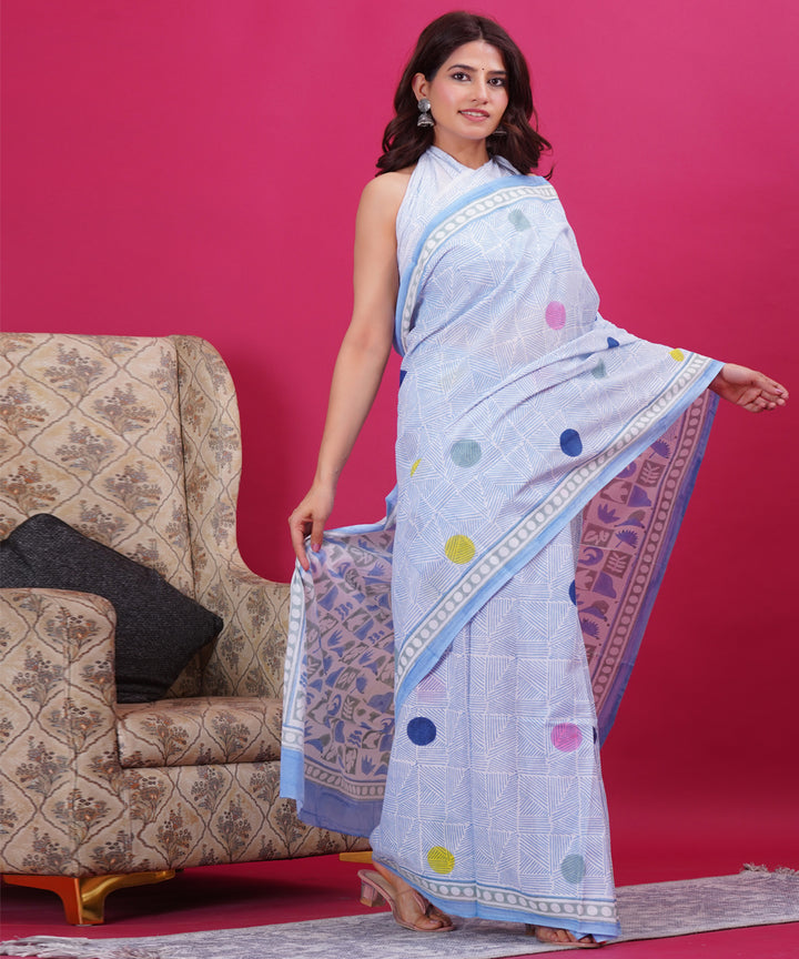 Sky blue multicolor cotton hand block sanganeri printed saree