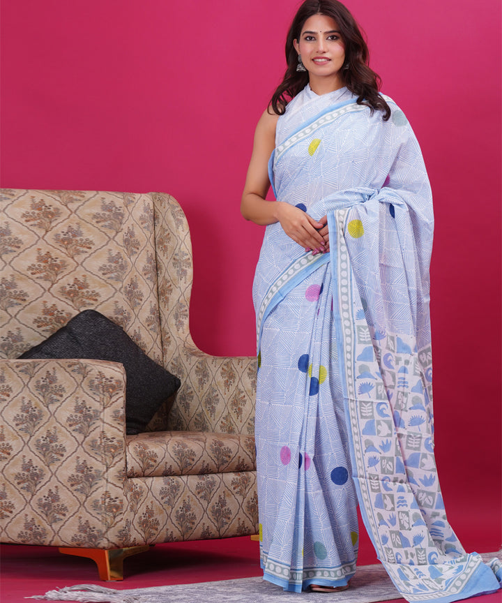 Sky blue multicolor cotton hand block sanganeri printed saree