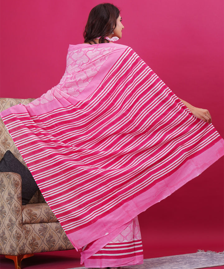 Pink red cotton hand block sanganeri printed saree