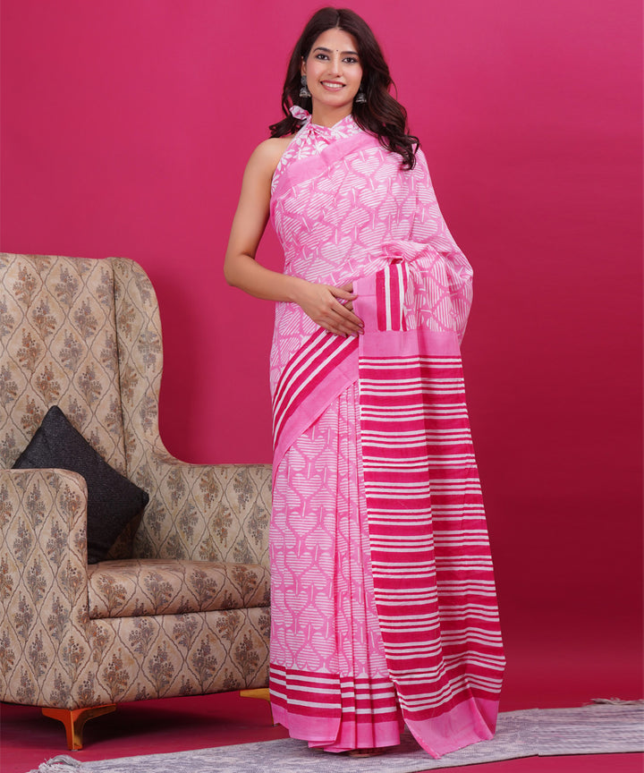 Pink red cotton hand block sanganeri printed saree