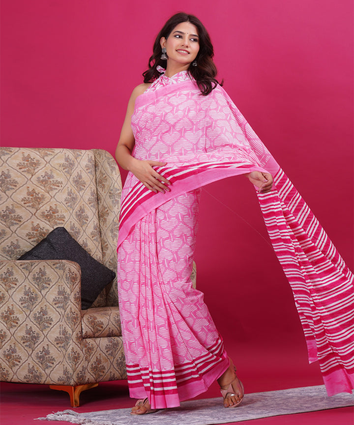 Pink red cotton hand block sanganeri printed saree