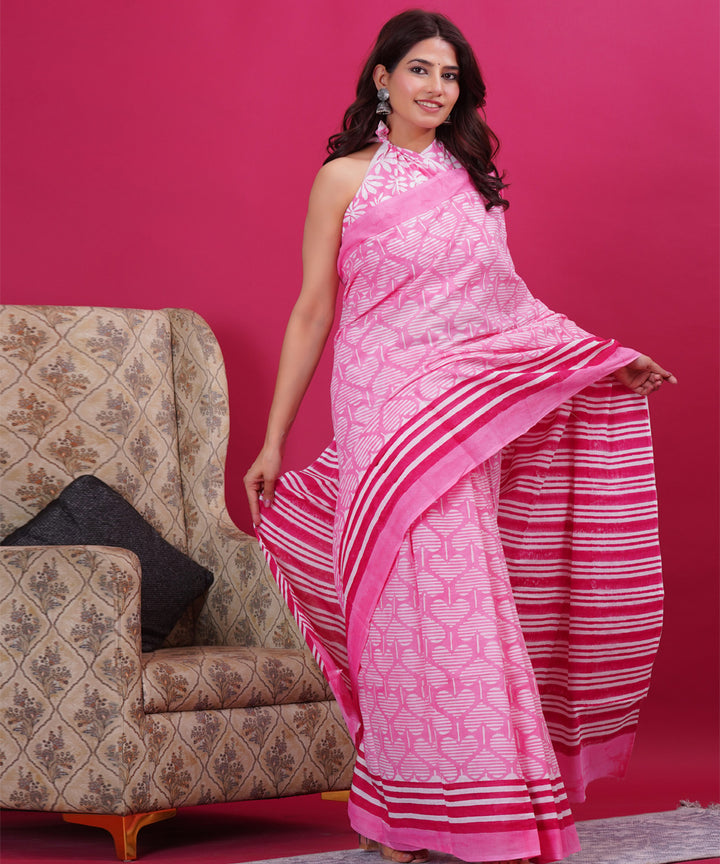 Pink red cotton hand block sanganeri printed saree