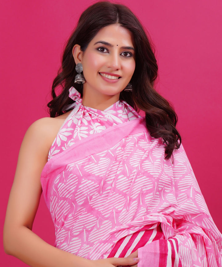 Pink red cotton hand block sanganeri printed saree